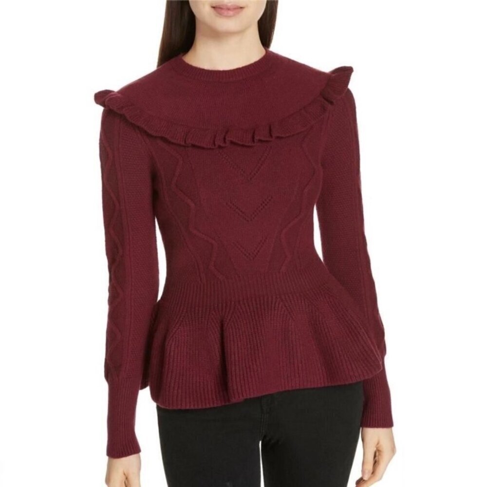 Ted Baker Elsahi Maroon Frilly Peplum Knit Sweater US 0​​​​